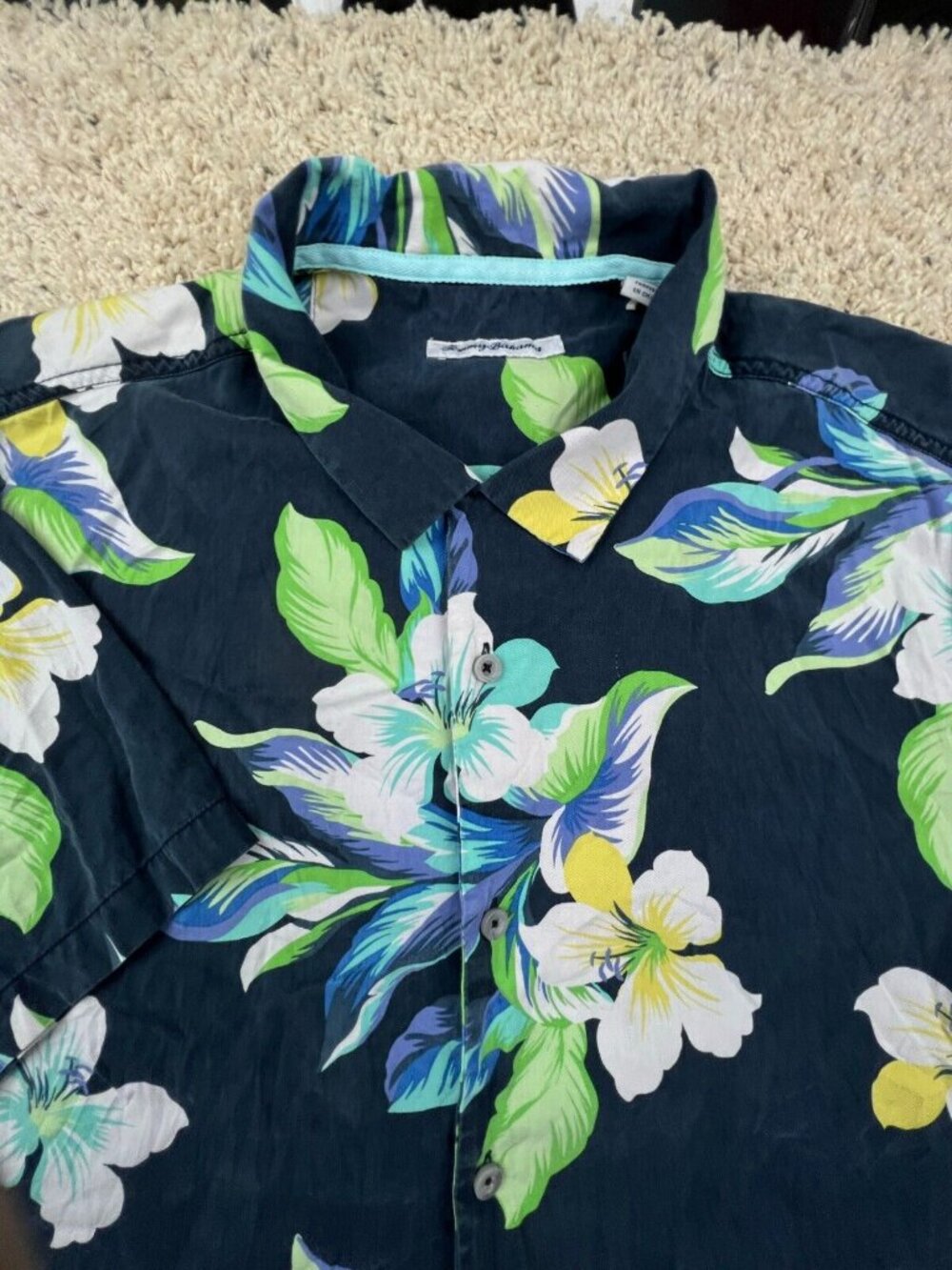 Tommy Bahama Tencel Cotton Hawaiian Button Up Camp Shirt XL FLORAL Blue Green